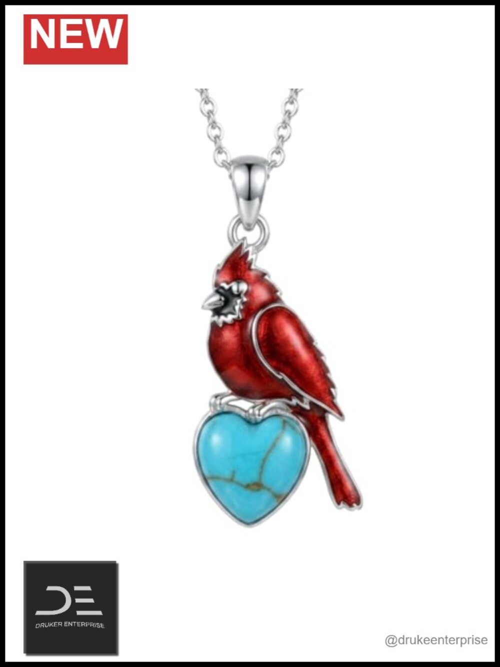 Sterling Silver Red Cardinal Pendant Necklace With Natural Turquoise Heart Charm